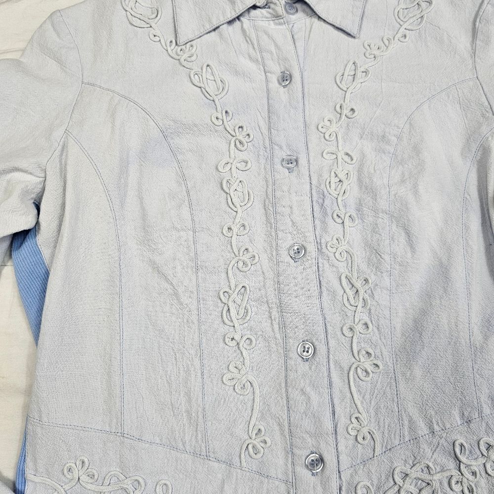 Reba Blue Denim Embroidered‎ Button Down Collar Long Sleeve Top Women's Size S - Picture 4 of 12